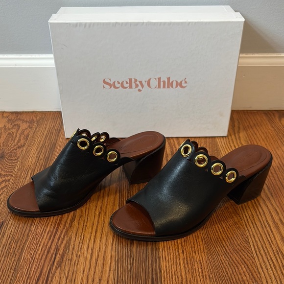 See By Chloe Black and Brown Mules with Gold Chain Detail - Picture 3 of 7